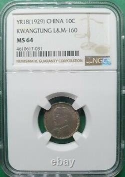 Yr18 (1929) China 10 Cents Kwangtung L&m -160 Silver Toning Ngc Ms 64